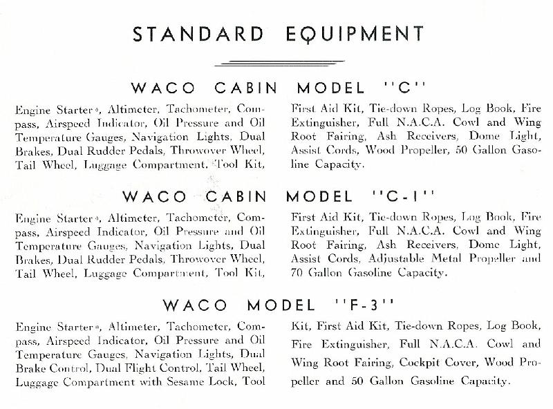 Custom Cabin Standard Equipment.jpg - Standard Equipment for Model "C", "C-1", & "F-3"